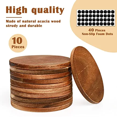 10 Pieces Unfinished Wood Coasters, 4 Inch Round Acacia Wooden Coasters for Crafts with Non-Slip Silicon Dots for DIY Stained Painting Wood Engraving