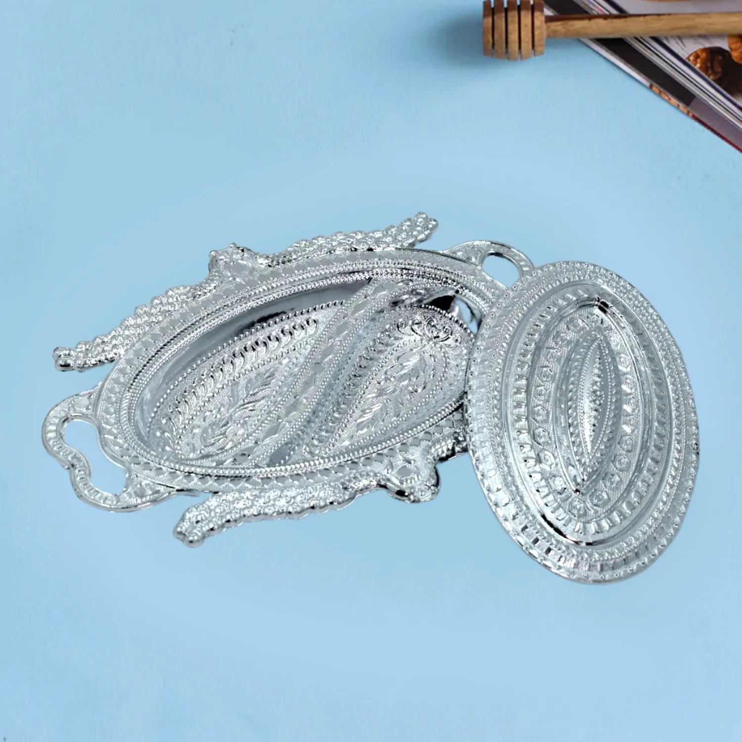 2853 Plastic Peacock Dry Fruit Silver Finish Serving Tray