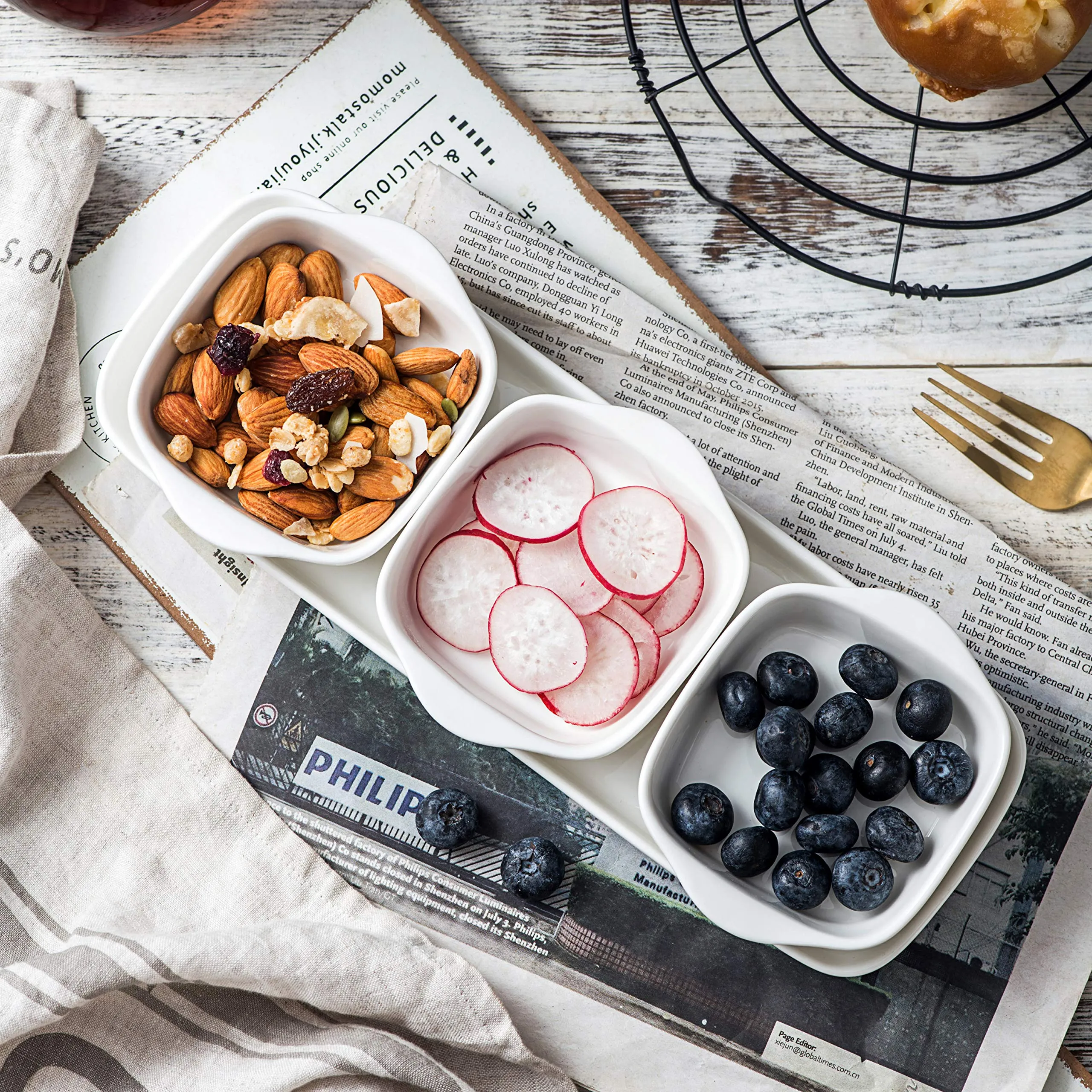 4-Piece Set - Tray with Three compartment serving Square Bowls, Porcelain Serving Set