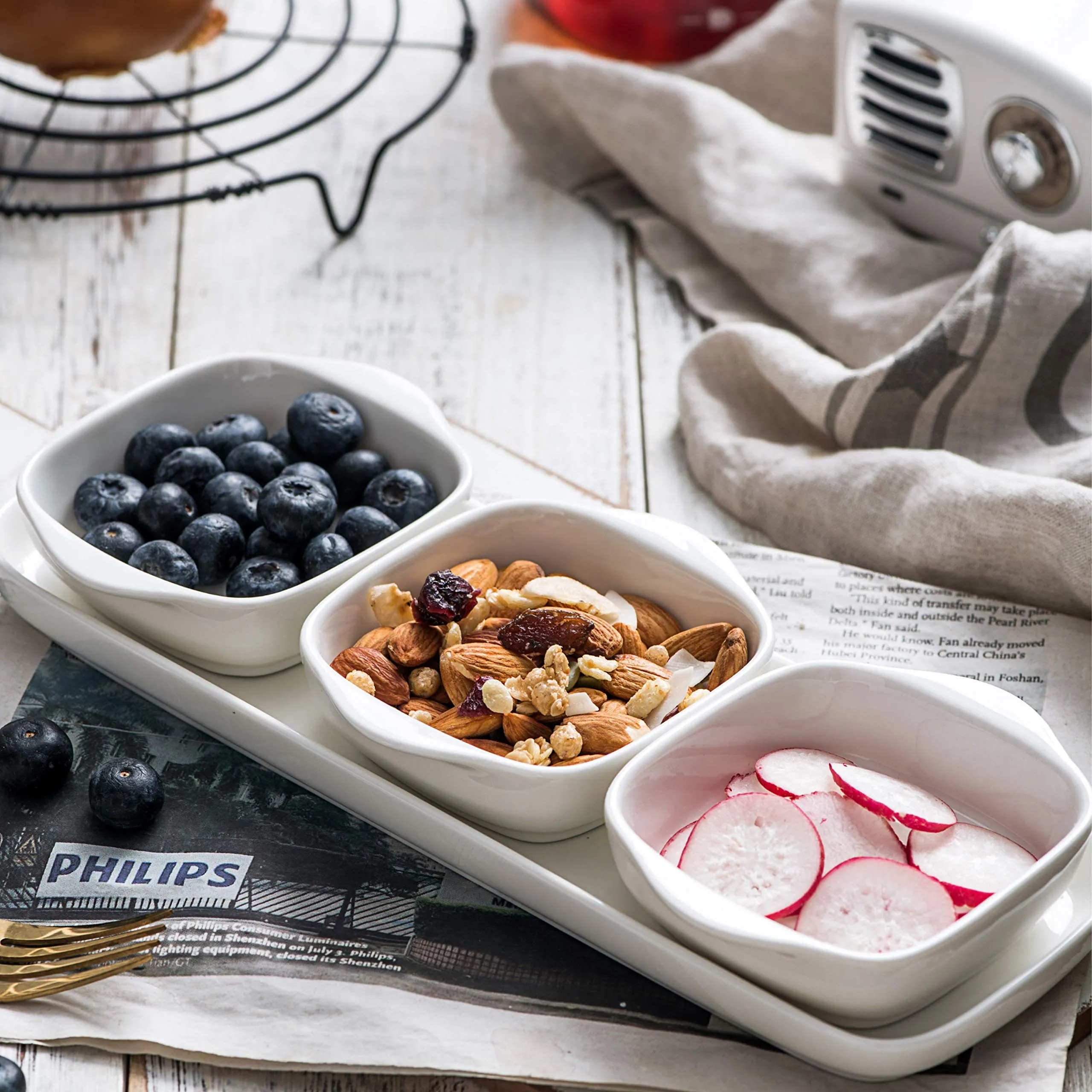 4-Piece Set - Tray with Three compartment serving Square Bowls, Porcelain Serving Set