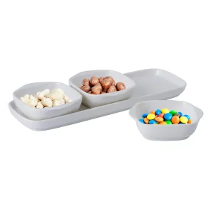 4-Piece Set - Tray with Three compartment serving Square Bowls, Porcelain Serving Set