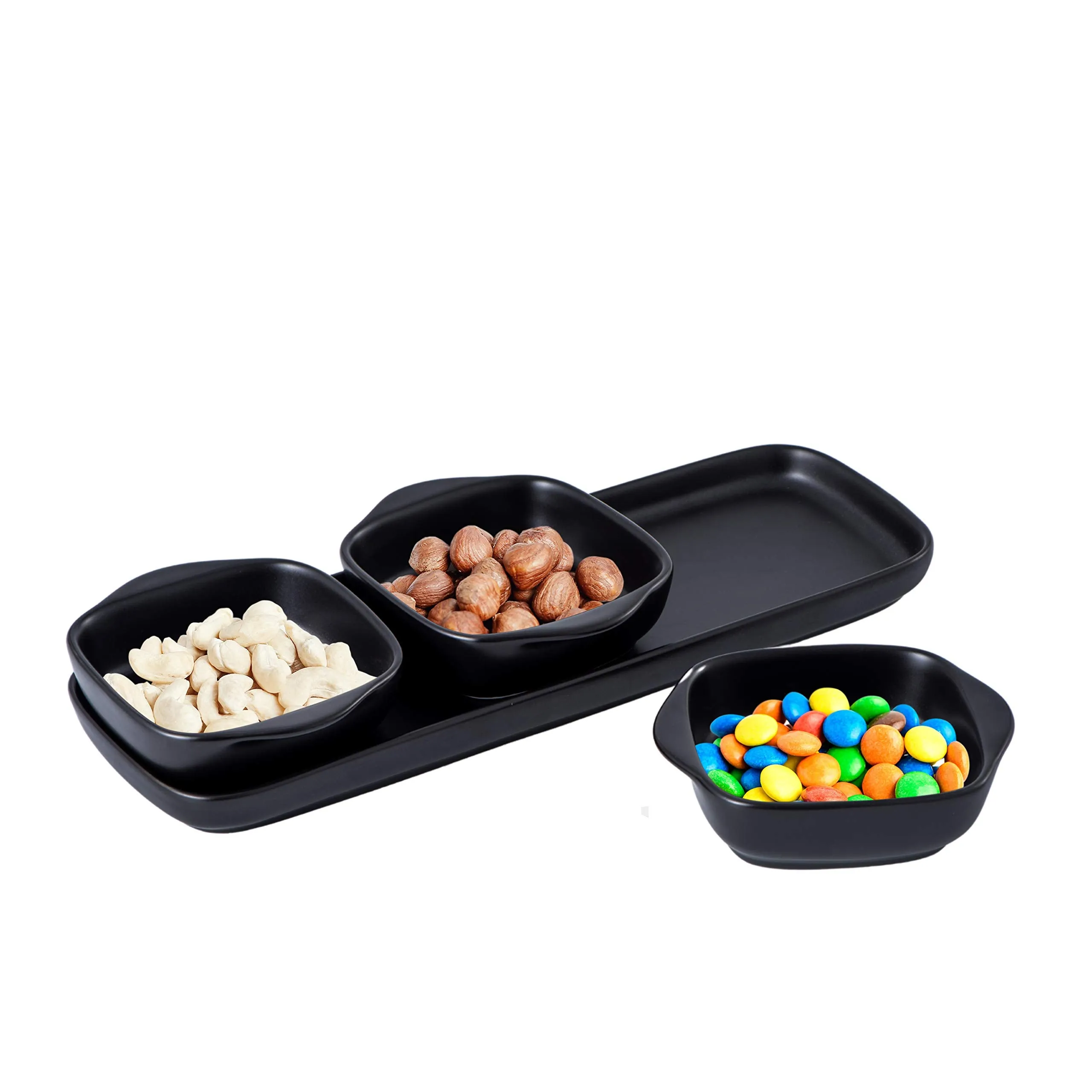 4-Piece Set - Tray with Three compartment serving Square Bowls, Porcelain Serving Set