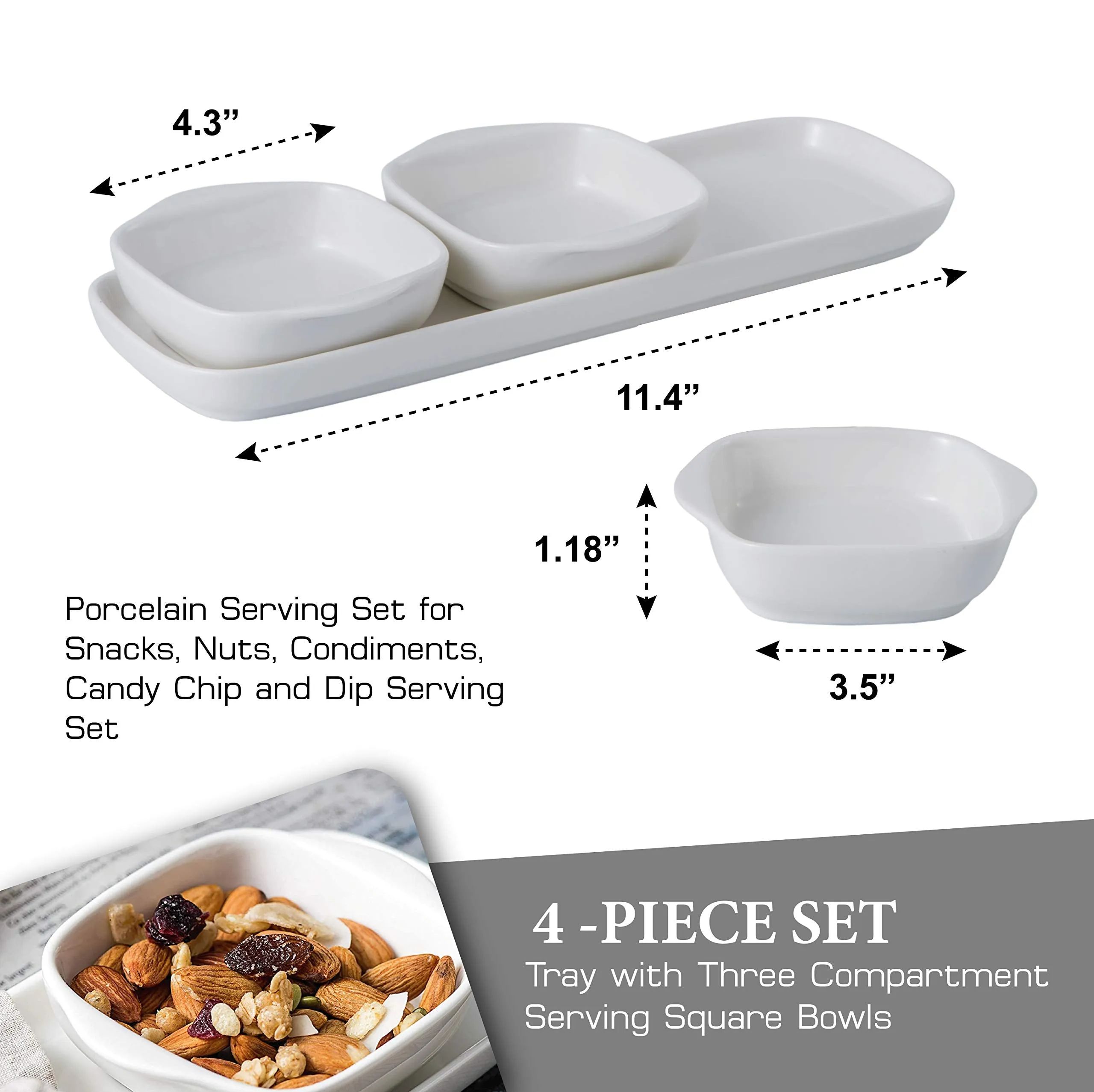 4-Piece Set - Tray with Three compartment serving Square Bowls, Porcelain Serving Set