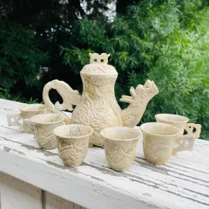 Antique Signed Asian Stone Carved Dragon Mythical Creature Teapot & Teacup Set