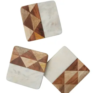 Be Home White Marble & Wood Square Coasters