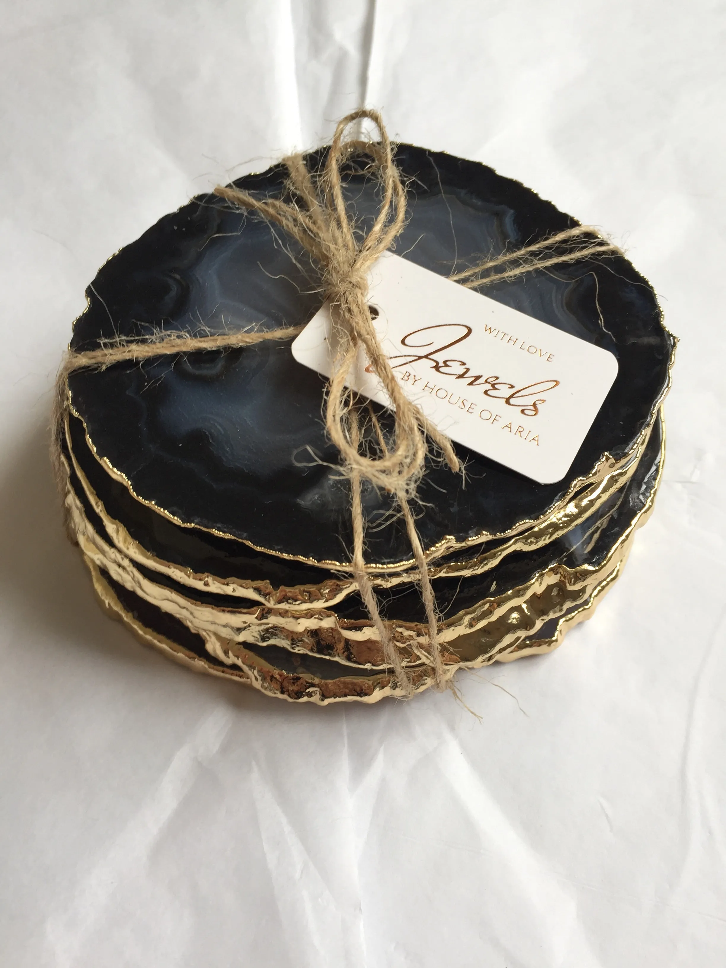 Black Agate Crystal Coasters with Gold Glided Edge