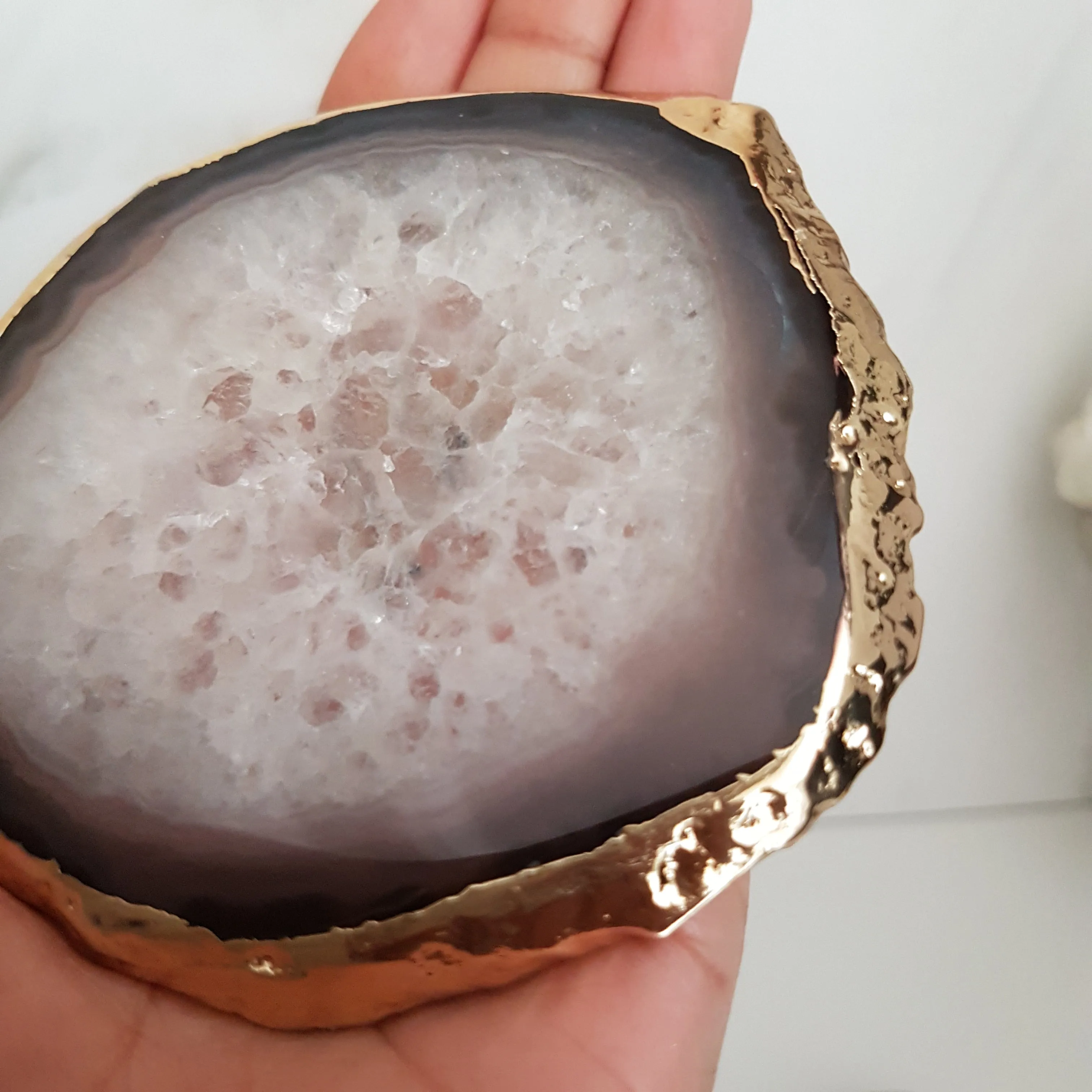 Black Agate Crystal Coasters with Gold Glided Edge