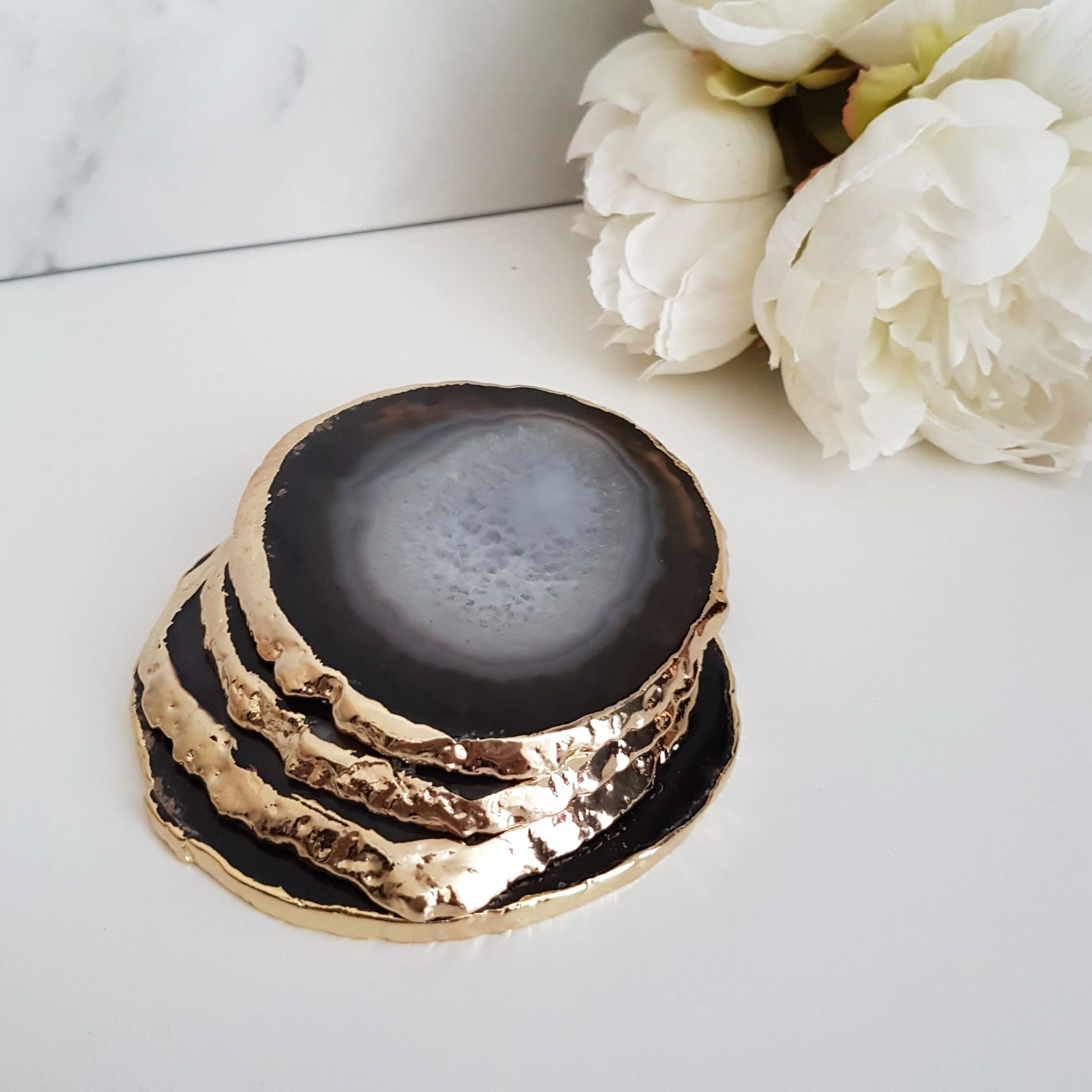 Black Agate Crystal Coasters with Gold Glided Edge