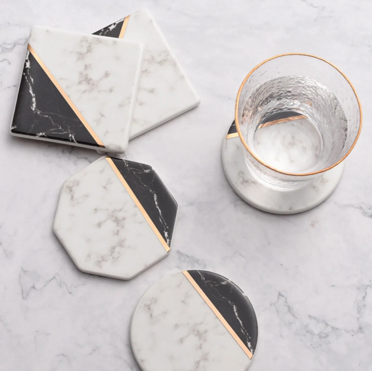 Black and White Marble Pattern Coasters - Set of 4