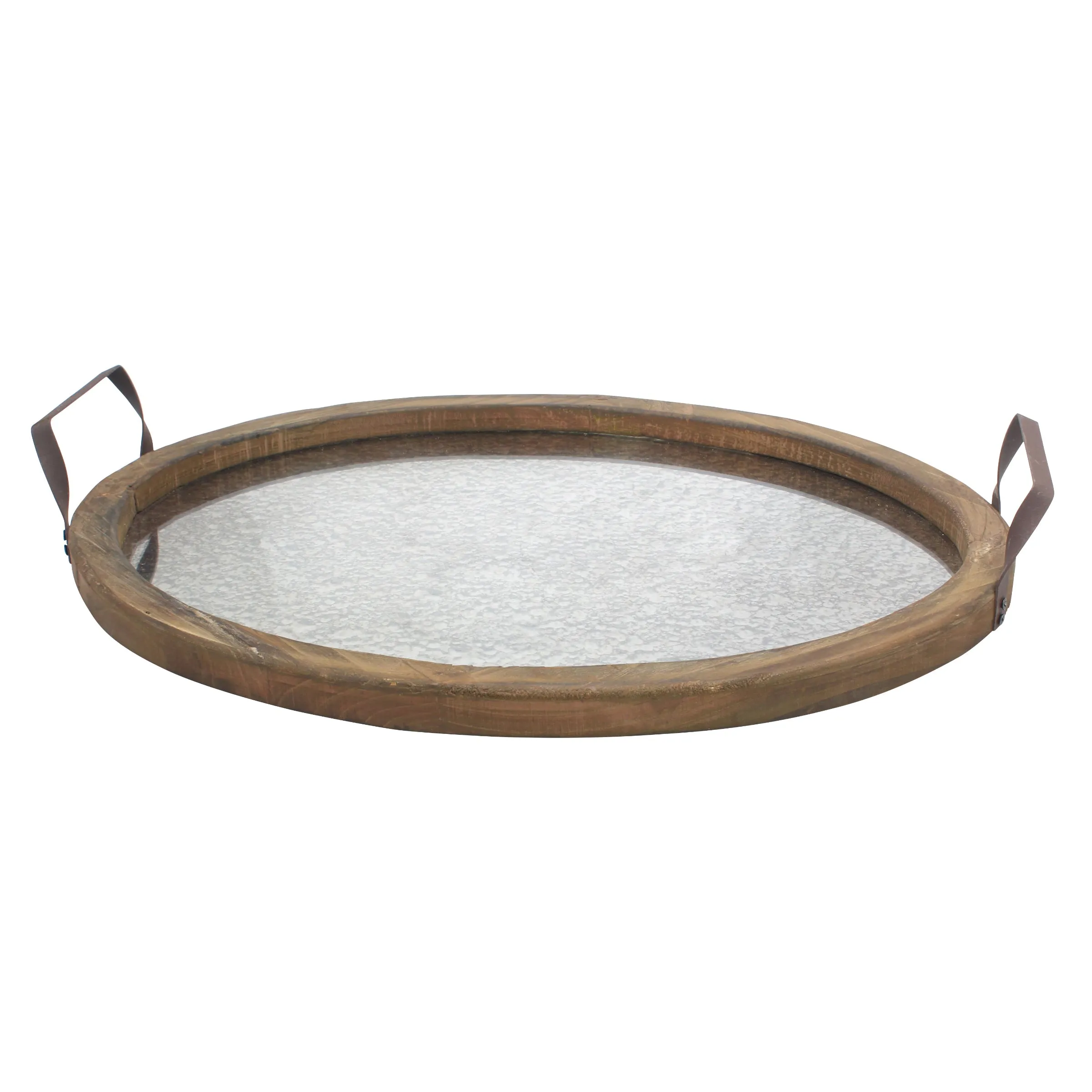 Brown Oval Wood Serving Tray with Metal Handles - Distressed Mirror Base (WS)