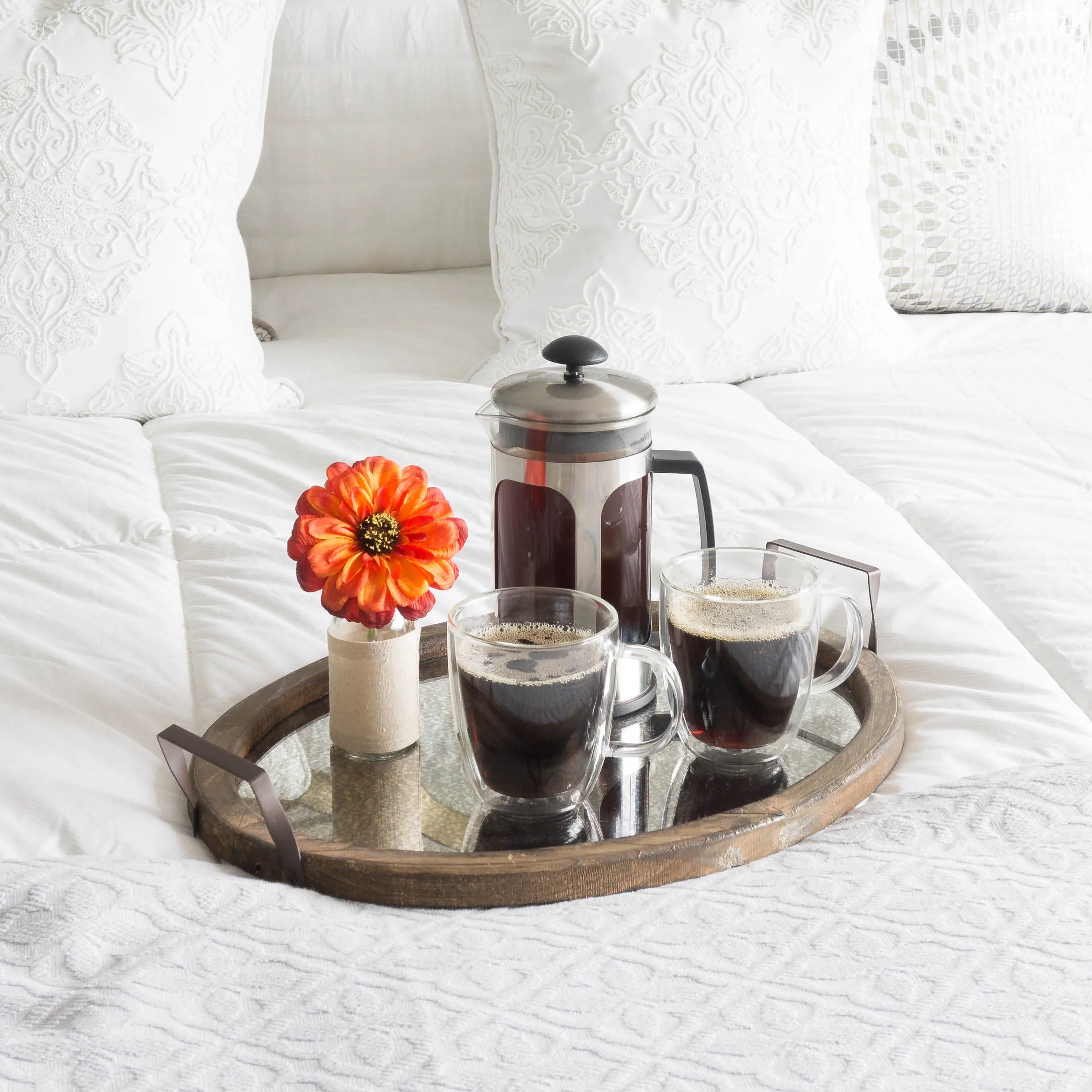 Brown Oval Wood Serving Tray with Metal Handles - Distressed Mirror Base