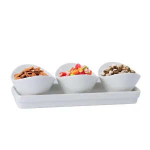 Bruntmor 4 Piece Tray Set with Three Compartment Serving Curvy Bowls, Porcelain Serving