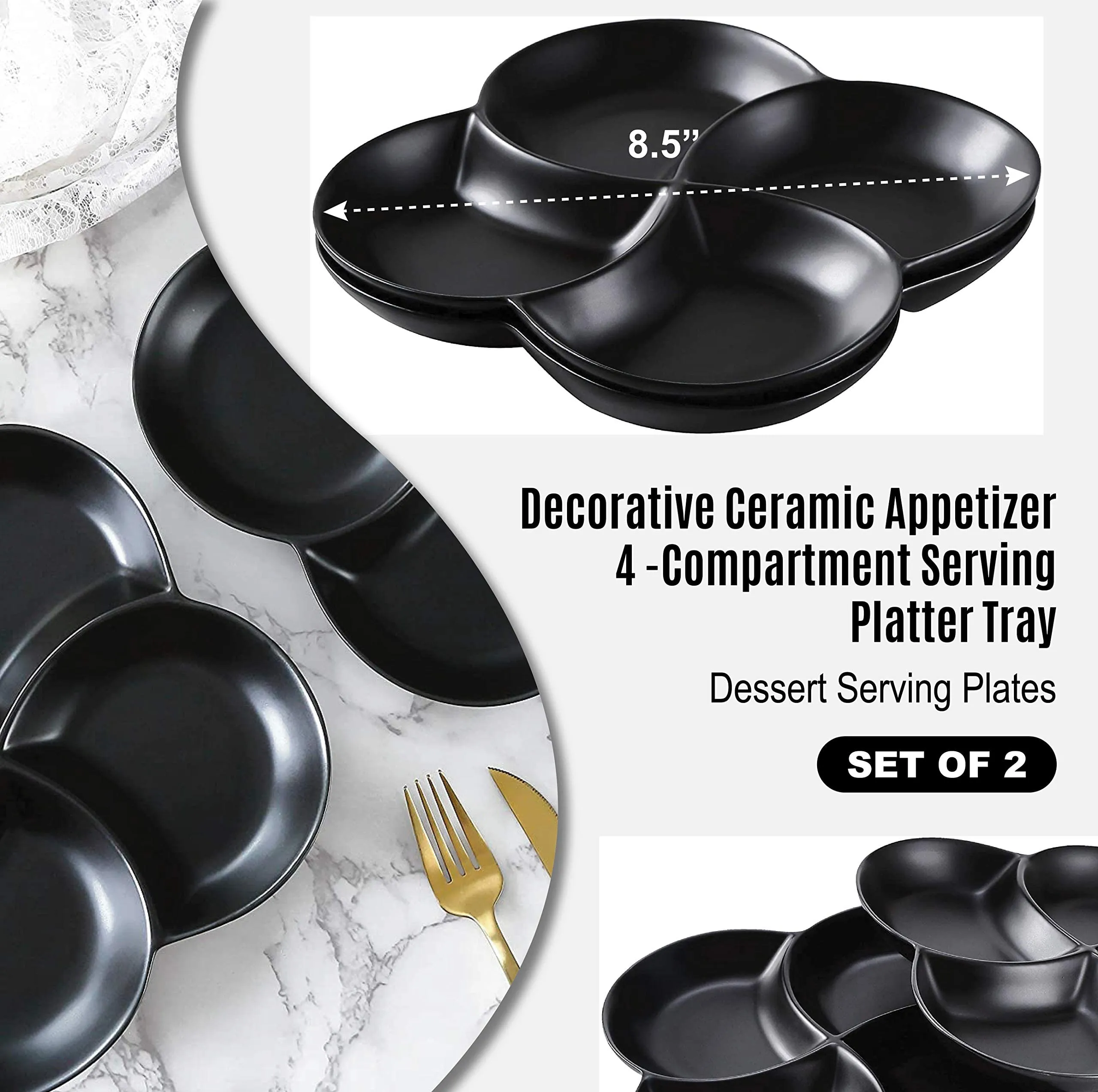 Bruntmor 8.5 inch Modern Set Of 2 Decorative Ceramic Appetizer 4 -Compartment Serving