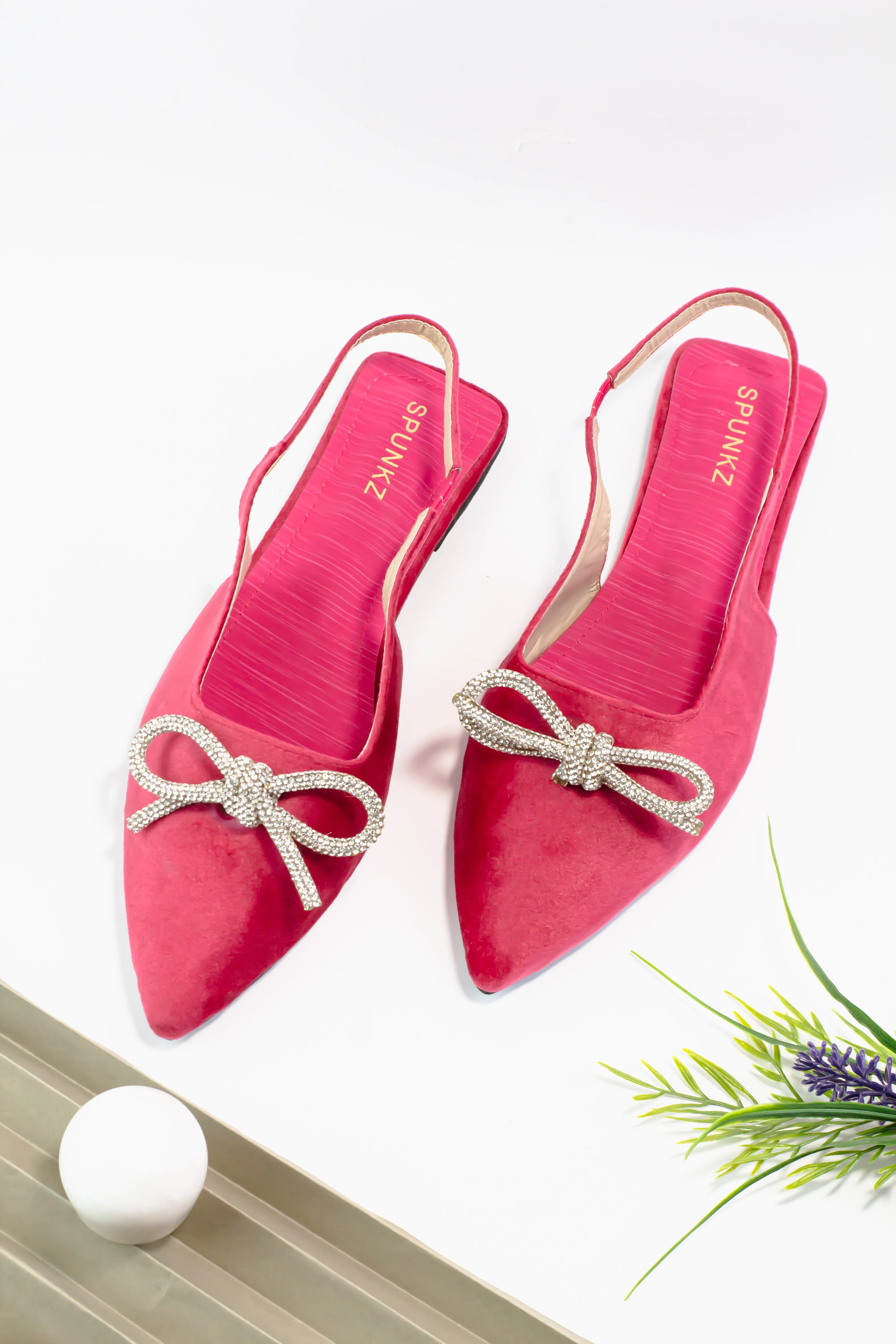 Cherry Pink Gem-Embellished Bow-Tie Slingback Flats