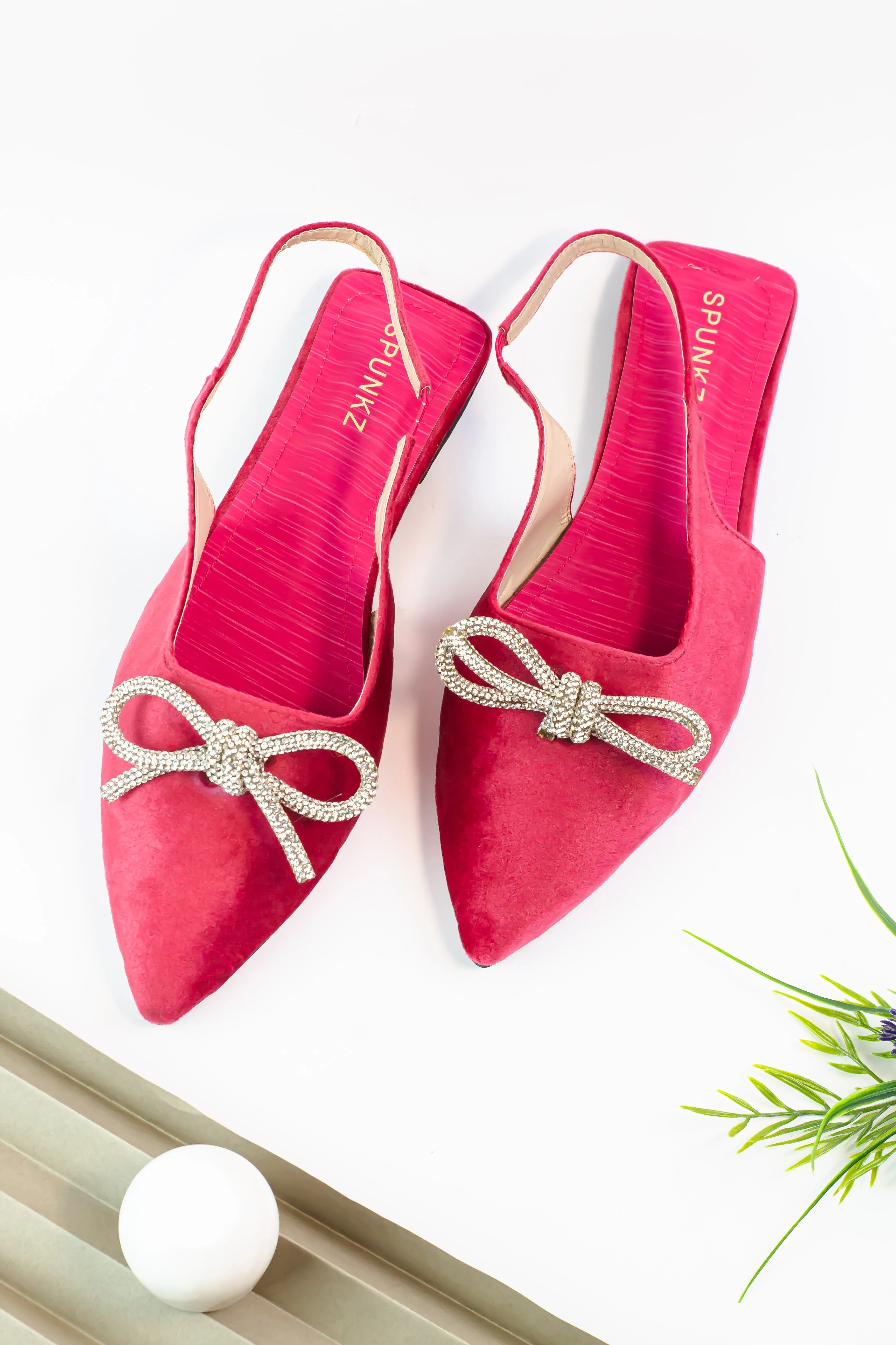 Cherry Pink Gem-Embellished Bow-Tie Slingback Flats