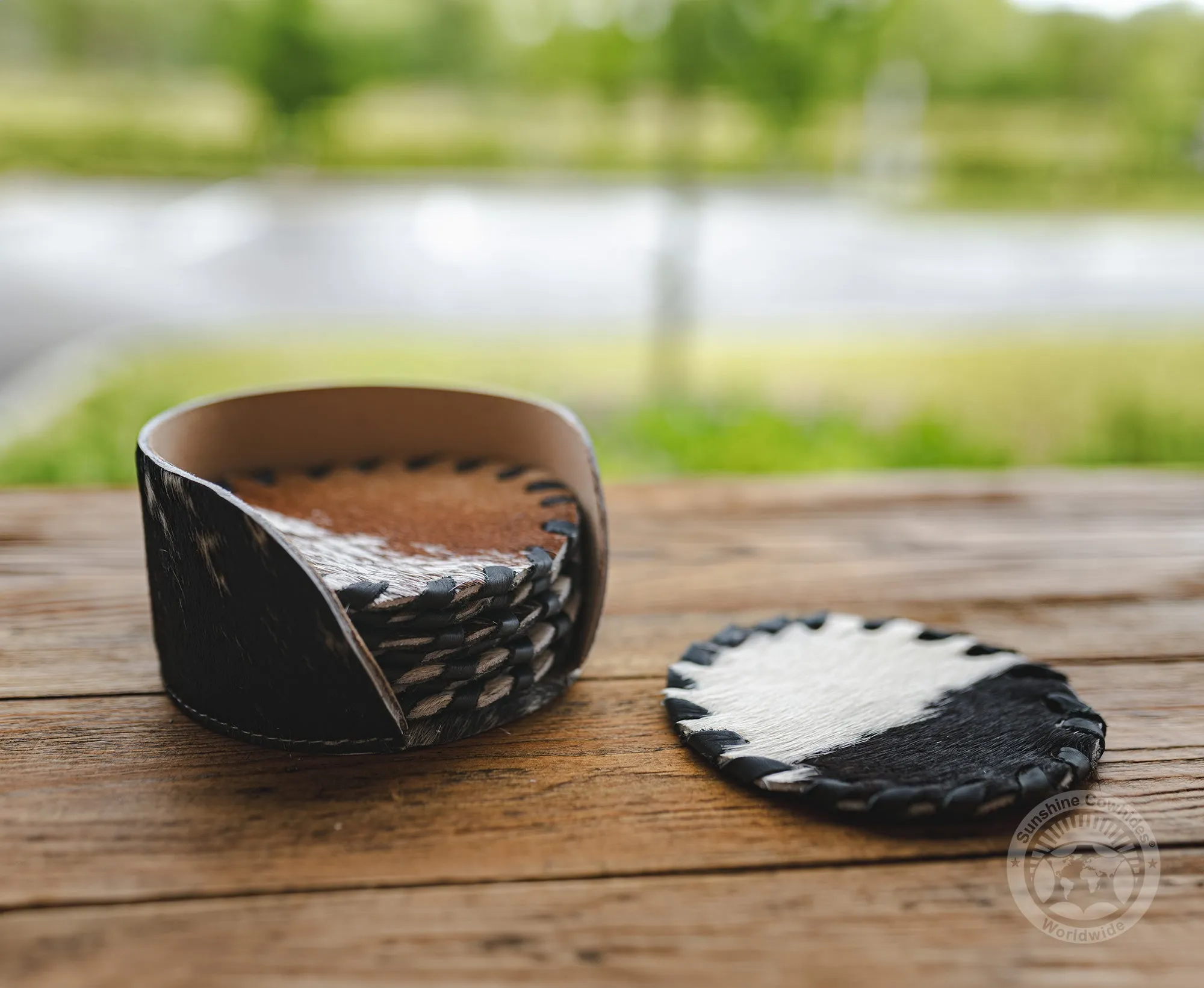 Cowhide Coaster Set with Holder – Set of 6