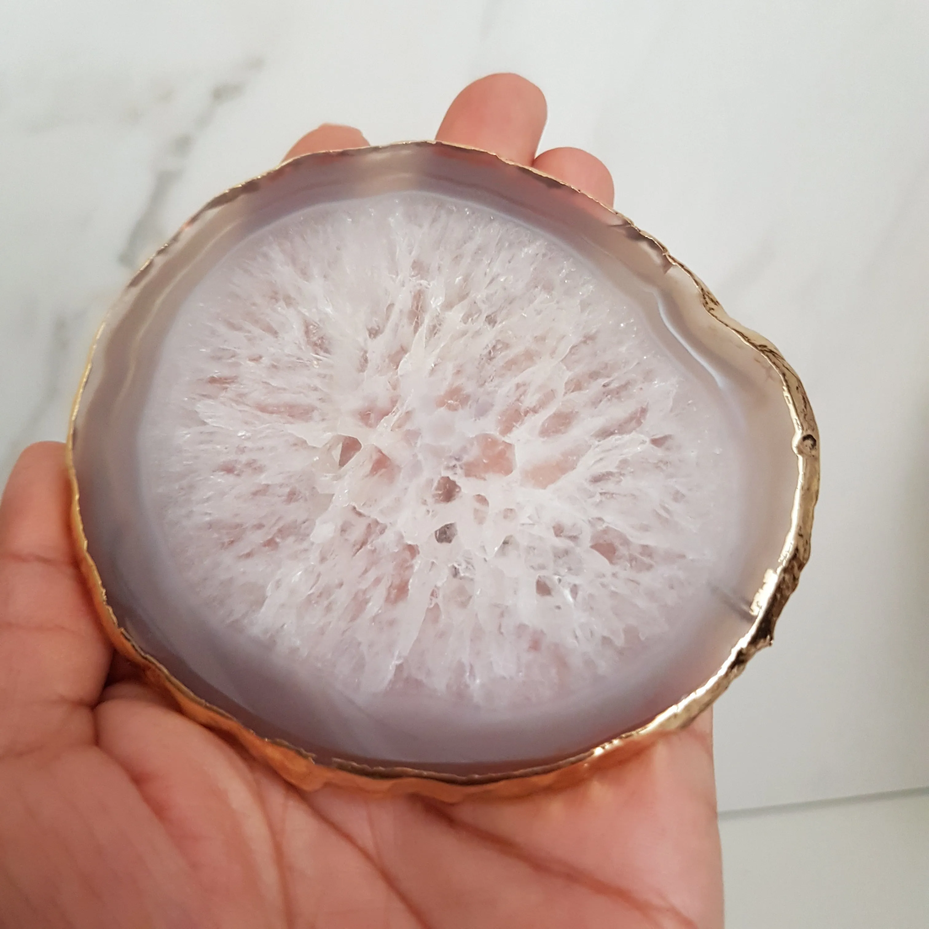 Natural White Agate Crystal Coasters with Gold Glided Edge