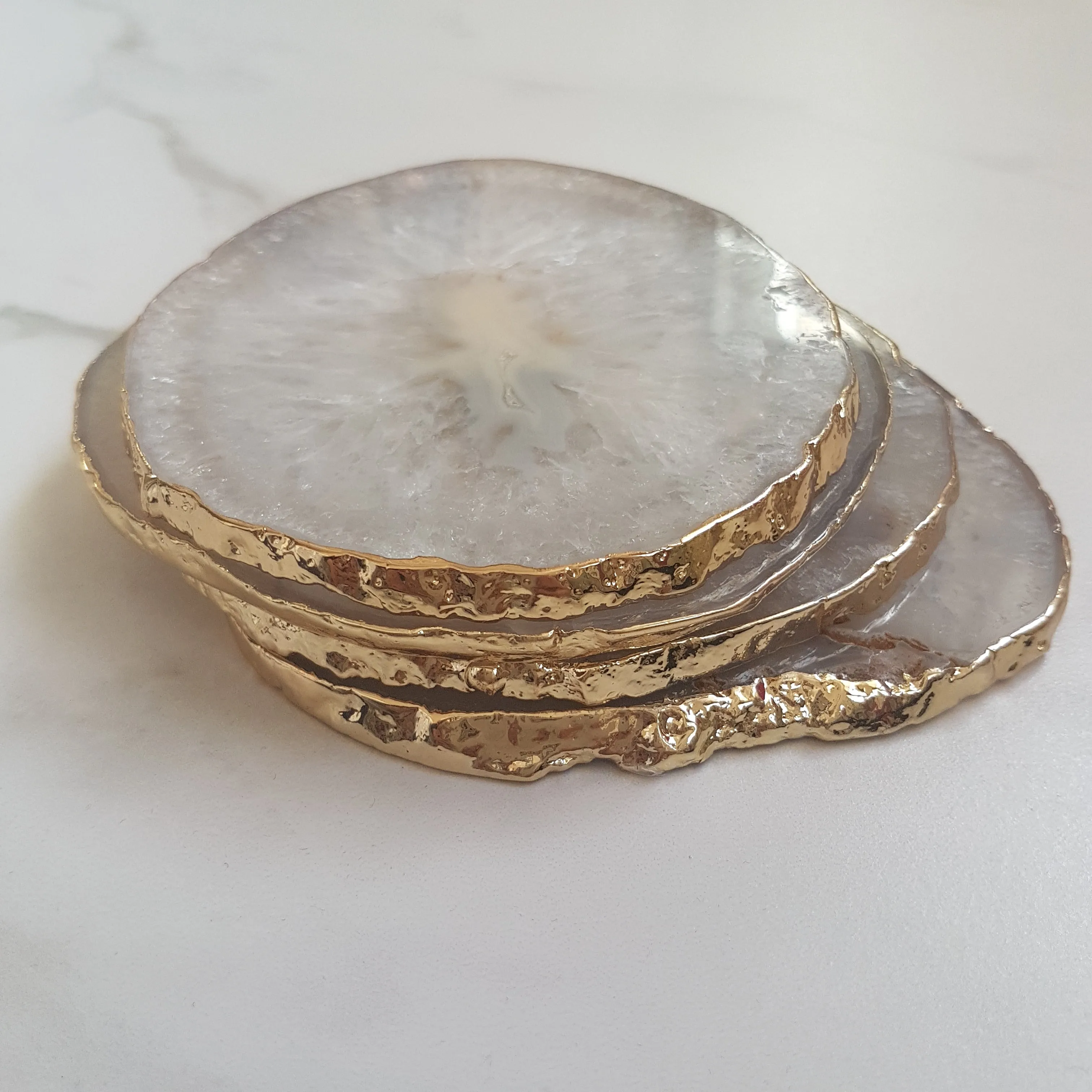 Natural White Agate Crystal Coasters with Gold Glided Edge