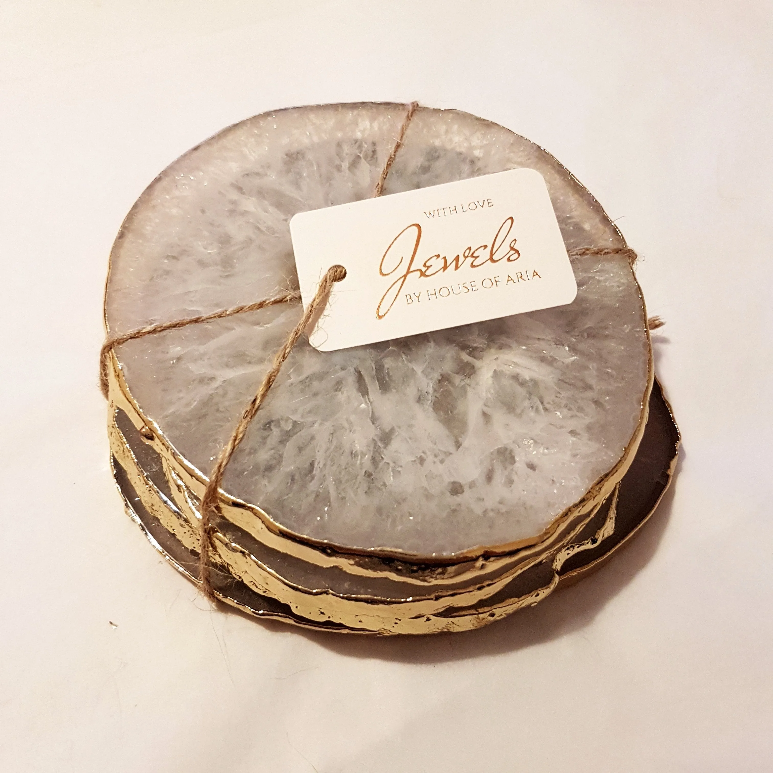 Natural White Agate Crystal Coasters with Gold Glided Edge