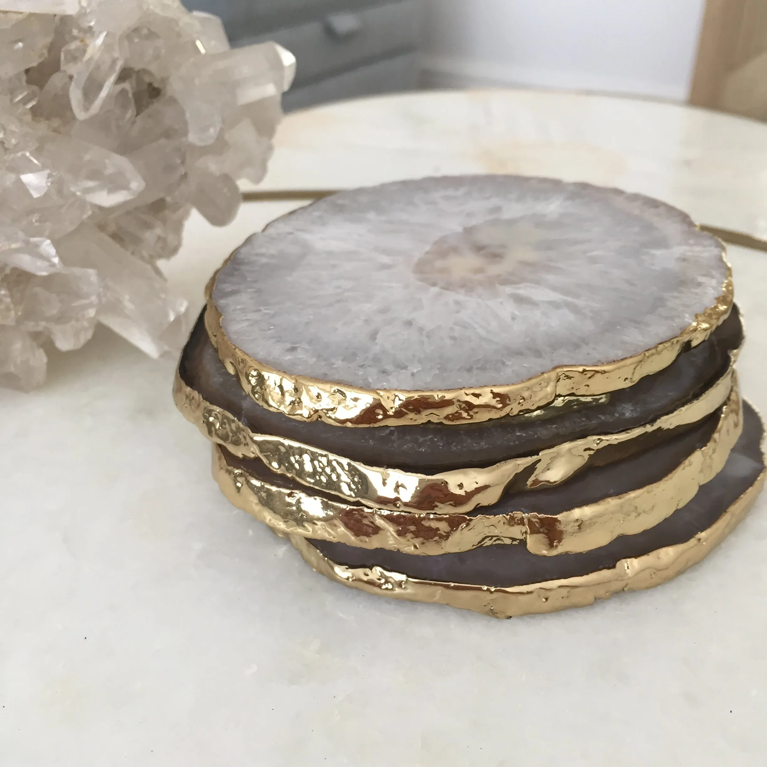 Natural White Agate Crystal Coasters with Gold Glided Edge