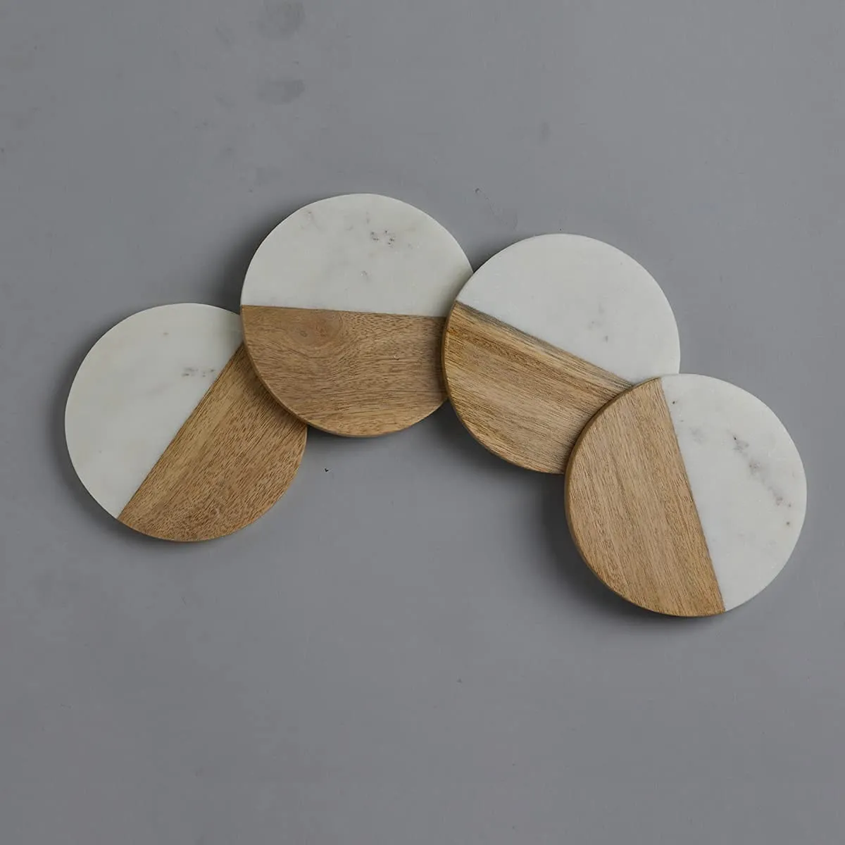 Natural White Marble And Wood Round Coaster Set