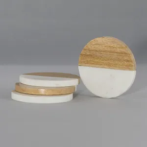 Natural White Marble And Wood Round Coaster Set