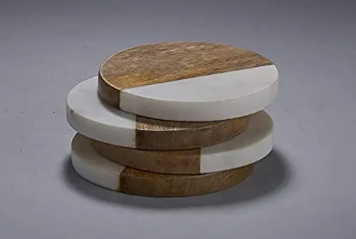 Natural White Marble And Wood Round Coaster Set