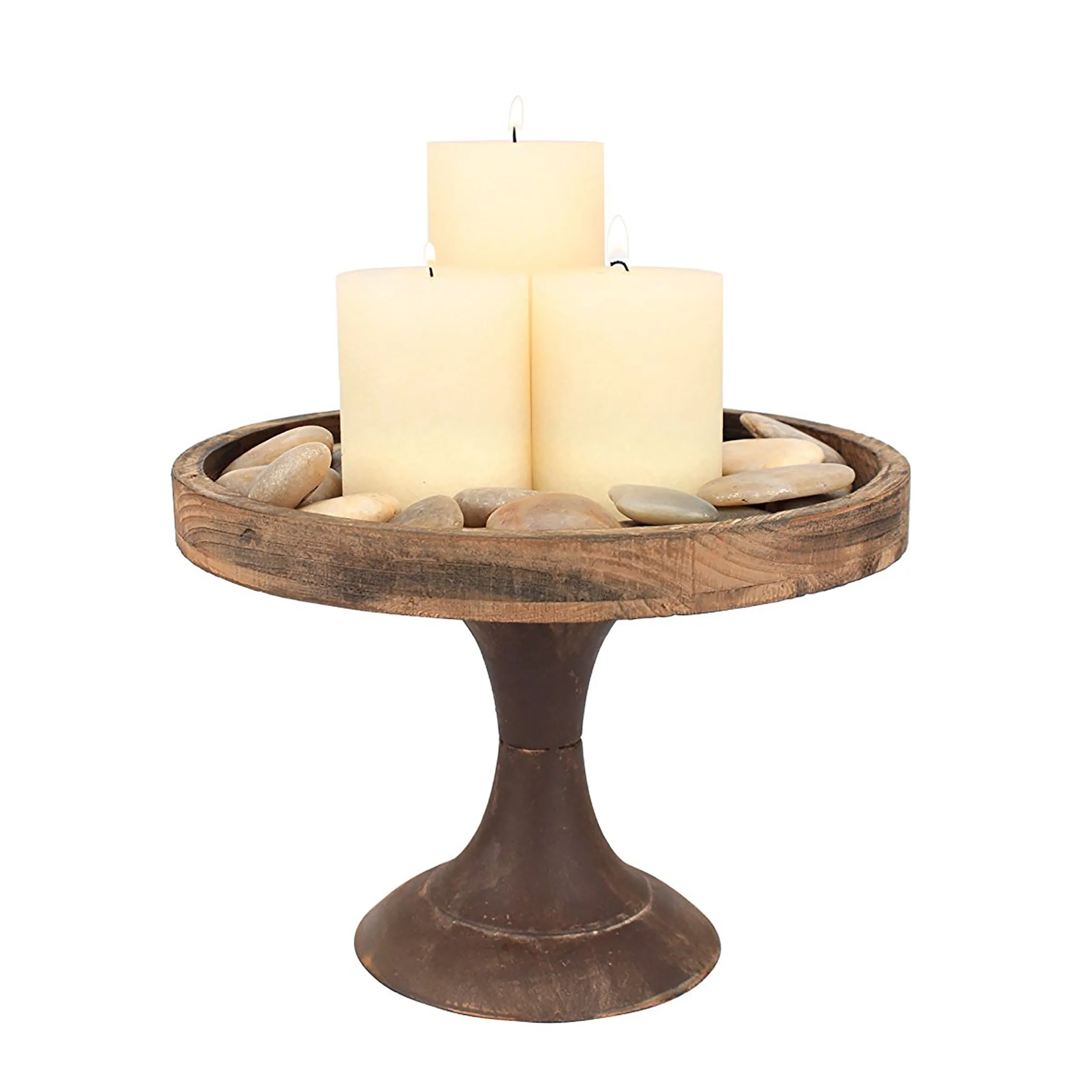 Rustic Worn Natural Wood and Metal Pedestal Tray