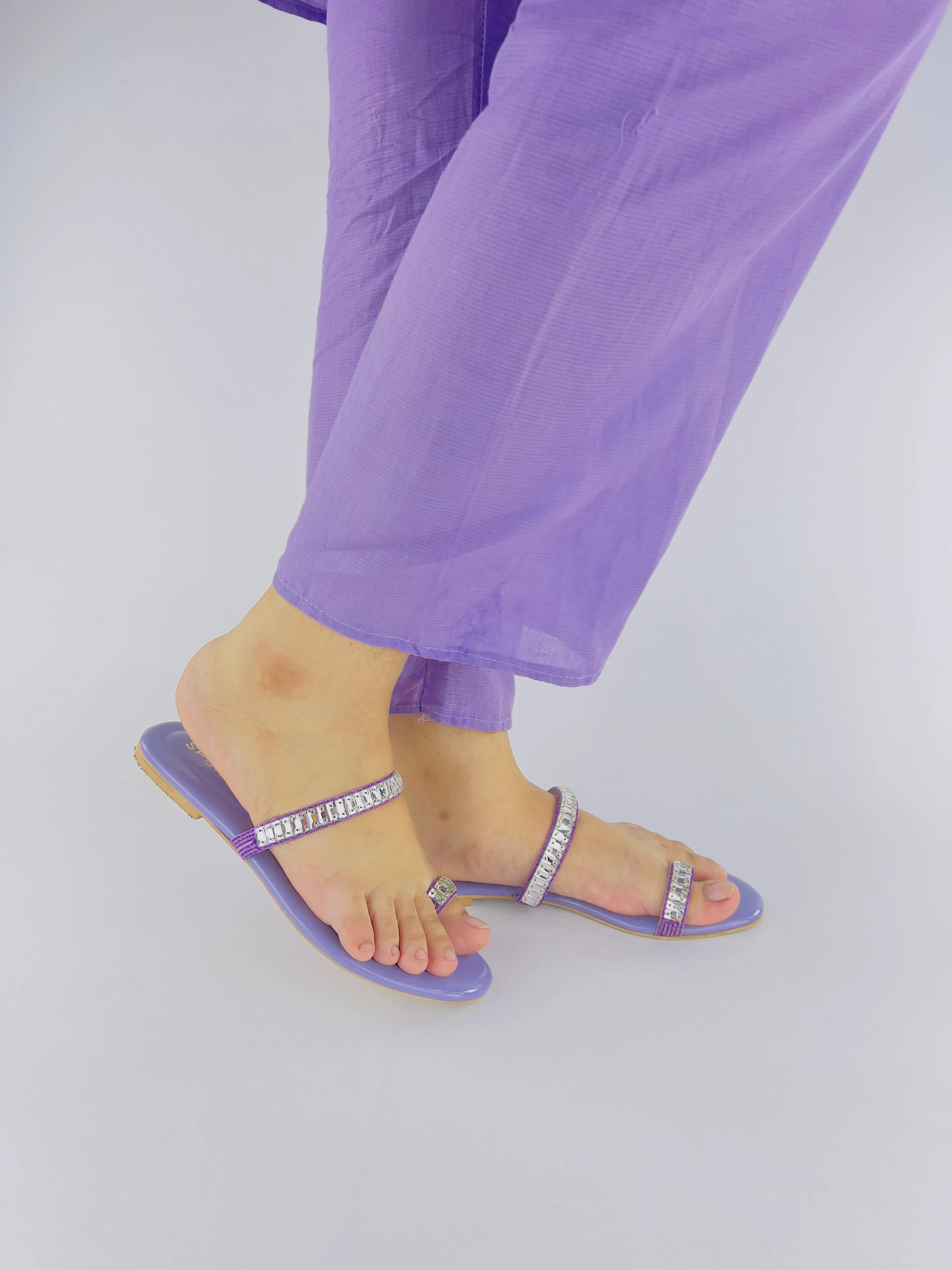 Spunkz Lilac Sparkling Crystal Chain Embellished Formal Thong Sandals