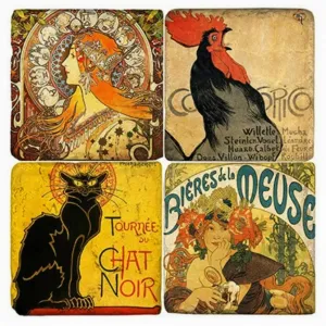 Tumbled Marble Coasters Set/4 Vintage French Posters