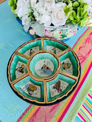 Vintage Lazy Susan Serving Dish Set, Wooden Pedestal Base, Chinese, Figural, Mid Century Modern, Hand Painted