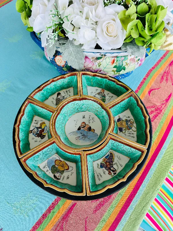 Vintage Lazy Susan Serving Dish Set, Wooden Pedestal Base, Chinese, Figural, Mid Century Modern, Hand Painted