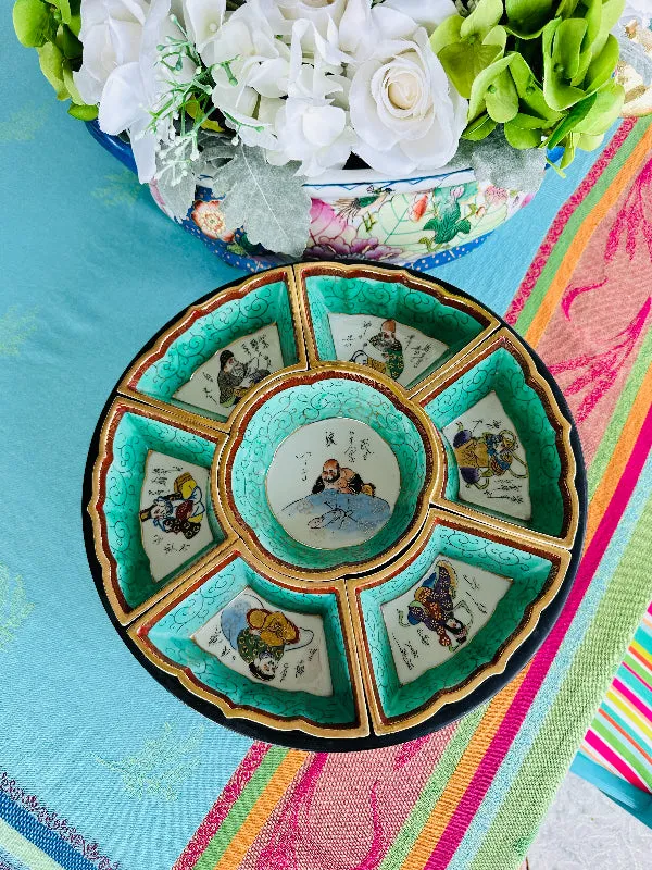 Vintage Lazy Susan Serving Dish Set, Wooden Pedestal Base, Chinese, Figural, Mid Century Modern, Hand Painted