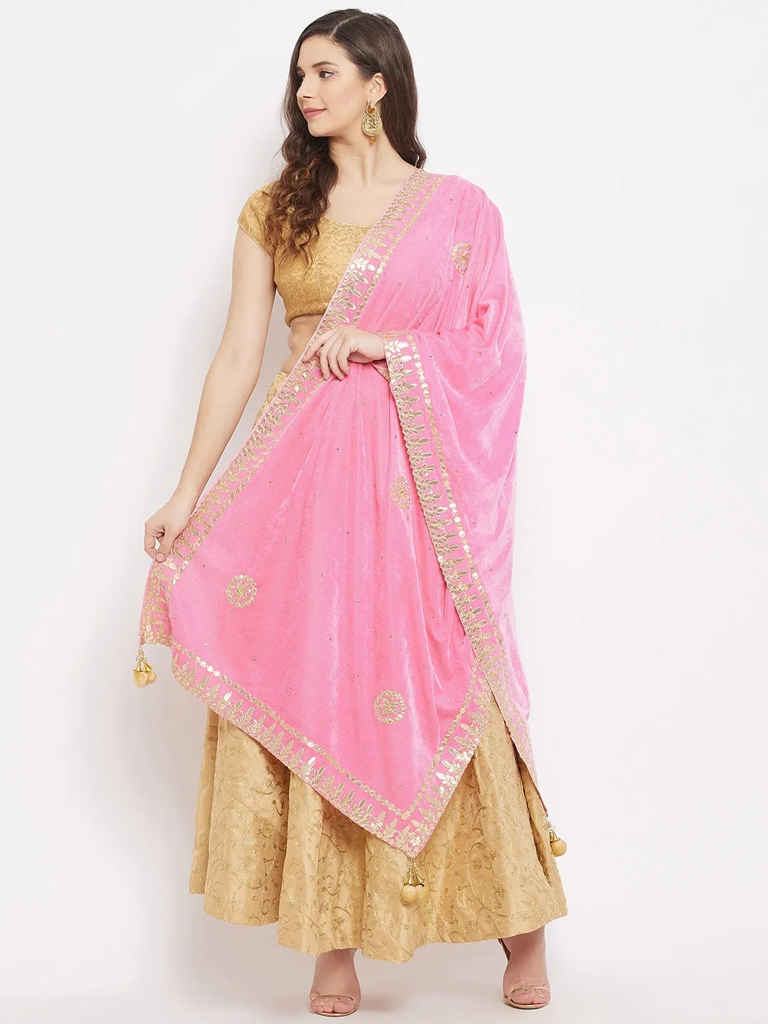 Women Baby Pink Velvet Dupatta With Gotta Patti Work