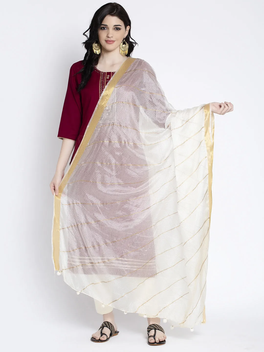 Women'S Cream Printed Kota Cotton Dupatta