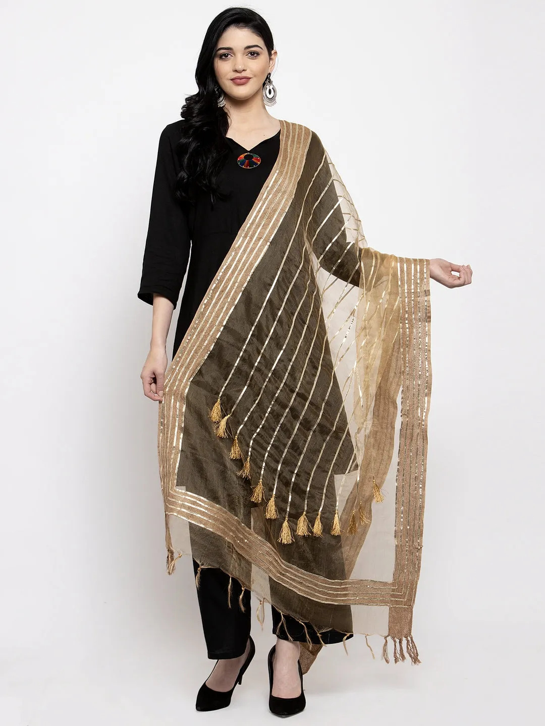 Women'S Fawn & Silver Organza Dupatta