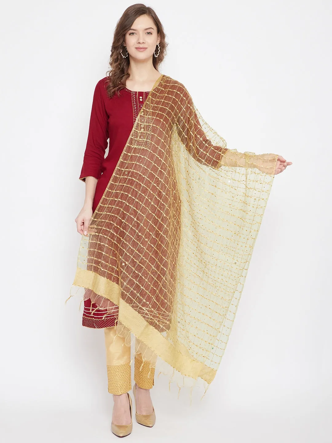 Women'S Fawn Sequinned Net Dupatta