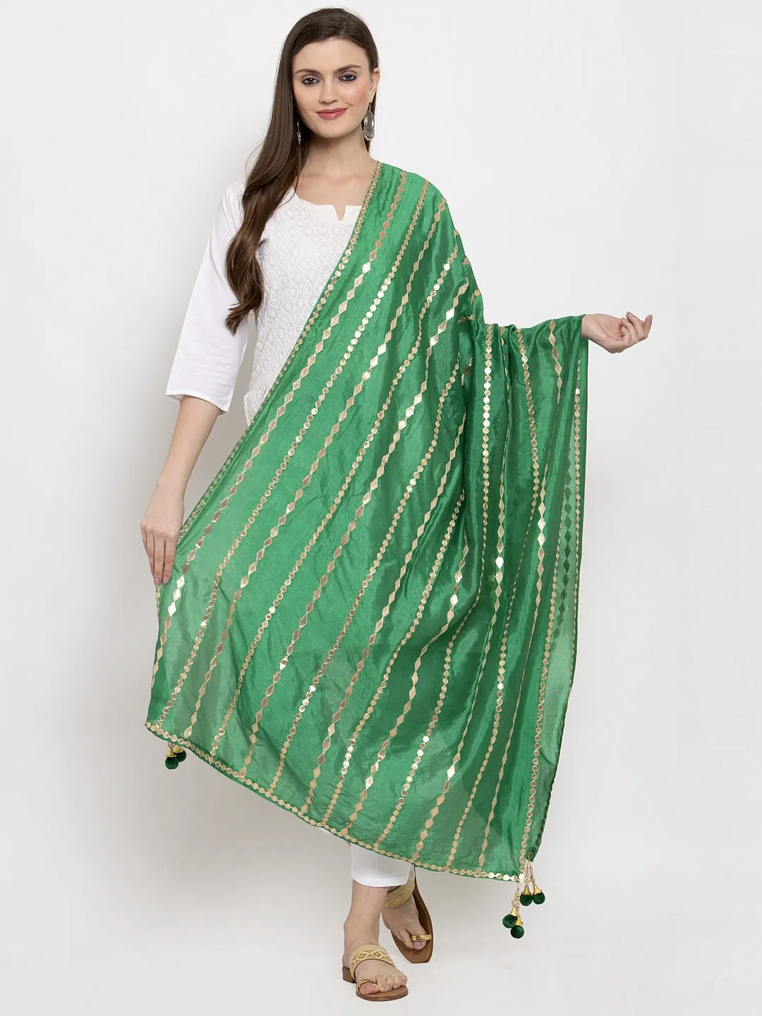 Women'S Green Gotta Patti Silk Dupatta