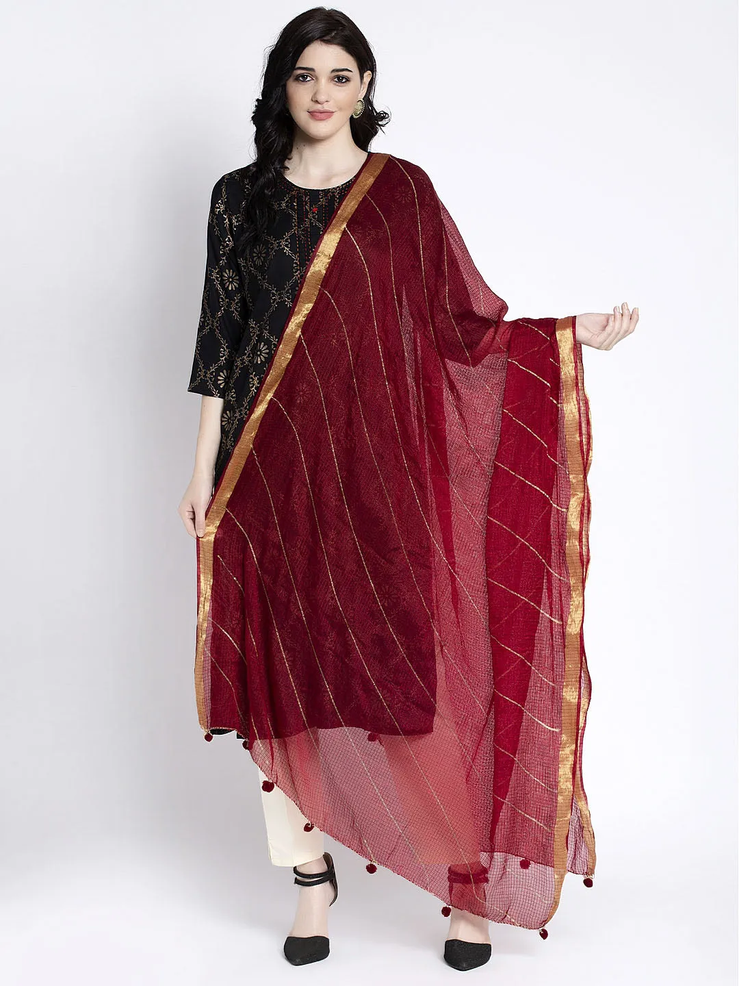 Women'S Maroon Printed Kota Cotton Dupatta