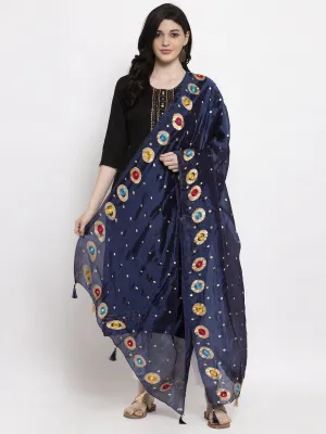 Women'S Navy Blue Printed Silk Dupatta